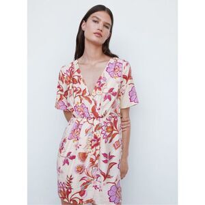 Mango Vestido Flora Women's Floral Wrap Dress Sz 2 Off White Pink